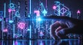 Futuristic neon cityscape digital interface hand interacting with glowing abstract architecture isolated on white background Royalty Free Stock Photo