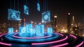 Futuristic Neon Cityscape with Floating Screens Royalty Free Stock Photo