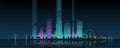 Futuristic neon cityscape illustration. Modern night city panorama with reflected light on water. Urban skyline with