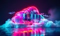 Futuristic neon cloud computing concept with glowing, cybernetic server racks within a cloud icon, representing data storage