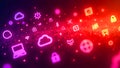 Futuristic Neon Cloud Computing and Digital Network Icons Background. Royalty Free Stock Photo