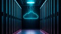 Futuristic neon cloud symbol illuminates data center server racks with digital data flow Royalty Free Stock Photo