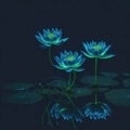 Futuristic Neon Color Lake Liliy Flowers in Water, Night with Reflections, Generative AI Royalty Free Stock Photo