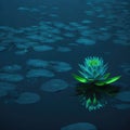 Futuristic Neon Color Lake Liliy Flowers in Water, Night with Reflections, Generative AI Royalty Free Stock Photo