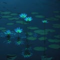 Futuristic Neon Color Lake Liliy Flowers in Water, Night with Reflections, Generative AI Royalty Free Stock Photo