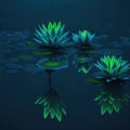 Futuristic Neon Color Lake Liliy Flowers in Water, Night with Reflections, Generative AI Royalty Free Stock Photo