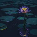 Futuristic Neon Color Lake Liliy Flowers in Water, Night with Reflections, Generative AI Royalty Free Stock Photo