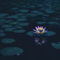 Futuristic Neon Color Lake Liliy Flowers in Water, Night with Reflections, Generative AI Royalty Free Stock Photo