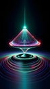 Futuristic neon cone grid device with glowing sphere and colorful rings on black background Royalty Free Stock Photo