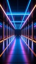 Futuristic neon corridor with blue and purple lights reflecting on glossy floor Royalty Free Stock Photo