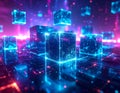 Futuristic Neon Cubes Digital Blockchain Network Technology Background 3D Render Royalty Free Stock Photo