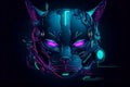 Futuristic neon cyber cat in cyberpunk style on a black background. Night lights glow, digital art, robot hacker, image is AI