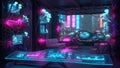 Futuristic neon cyberpunk interior with holographic interface and city view Royalty Free Stock Photo