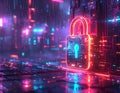 Futuristic Neon Cybersecurity Lock with AI Digital Protection and Secure Data Network Technology Concept in Cyberpunk Environment Royalty Free Stock Photo