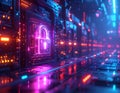 Futuristic Neon Cybersecurity Lock Interface with AI Digital Protection and Secure Network Technology Concept Royalty Free Stock Photo