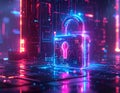 Futuristic Neon Cybersecurity Padlock with AI Digital Protection and Secure Data Network Technology Concept Royalty Free Stock Photo