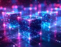 Futuristic Neon Data Cubes Blockchain Digital Network Technology Background 3D Render Royalty Free Stock Photo