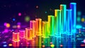 A futuristic, neon-glowing bar graph with a smooth upward trend, featuring transparent, multicolored columns representing data Royalty Free Stock Photo