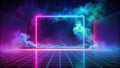 Futuristic neon glowing frame encompassing a dreamlike nightscape with vaporous clouds and a reflective grid floor. Generative AI Royalty Free Stock Photo