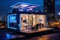 futuristic neon glowing Tiny Container capsule House in big city, featuring smart home automation. Royalty Free Stock Photo