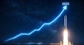 Futuristic Neon Graph Soars Towards 2025 Amidst Rocket Launch and Starry Night Sky Royalty Free Stock Photo