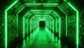 Futuristic neon green tunnel with abstract patterns. Smooth wet floor reflects glowing lights creating a sci fi pathway forward Royalty Free Stock Photo