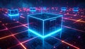 Futuristic Neon Grid with Central Glowing Cube and Digital Data Streams technology Royalty Free Stock Photo