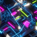 Futuristic neon grid with glowing geometric shapes and vibrant lighting effects Royalty Free Stock Photo