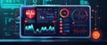 Futuristic neon health interface concept, vibrant colors, biometric monitoring symbols, sleek design elements
