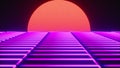 Futuristic neon landscape of the 80 s. Computer generated futuristic sun in retro style. 3D rendering abstract Royalty Free Stock Photo