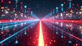 Futuristic neon light road with bokeh effects and reflective surface Royalty Free Stock Photo