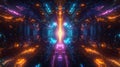 Futuristic neon light tunnel with glowing symmetrical patterns. Big data and machine learning