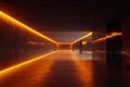 Futuristic neon-lit corridor with orange illuminated walls and reflection