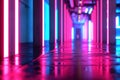 Futuristic neon-lit corridor with vivid pink and blue lights reflecting on glossy floor, perfect for gaming, VR