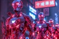 Futuristic Neon lit Cyborgs on Patrol in a Dystopian Cityscape with Glowing Red LED Accents and Asian Script Signage in the