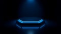 Futuristic neon lit hexagonal stage with dramatic blue spotlight. Royalty Free Stock Photo