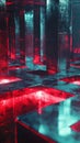 Futuristic Neon Lit Metallic Corridor with Reflective Surfaces and Geometric Patterns Royalty Free Stock Photo