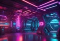Futuristic Neon-Lit Room With Sleek Architecture and High-Tech Displays in a Sci-Fi Setting Royalty Free Stock Photo