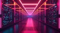 Futuristic neon-lit server room with glowing digital grids Royalty Free Stock Photo