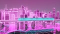The futuristic neon night city, train traffic on the railway bridge. 3d illustration