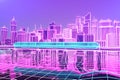 The futuristic neon night city, train traffic on the railway bridge. 3d illustration Royalty Free Stock Photo