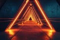 Futuristic neon orange triangular tunnel with reflective floor and dark walls Royalty Free Stock Photo