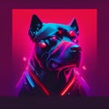 Futuristic neon portrait of a bulldog in front of a red background. 3d rendering generative AI