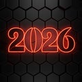 Futuristic 2026 neon red text on black 3D hexagonal texture. Abstract tech background for 2026 business, marketing, or future Royalty Free Stock Photo