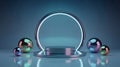 Futuristic Neon Ring Podium with Reflective Spheres and Gradient Background Royalty Free Stock Photo