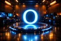 Futuristic Neon Ring Podium In Server Room With Monitors Royalty Free Stock Photo