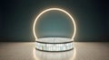 Futuristic Neon Ring Stage with Illuminated Pedestal and Tiled Floor Royalty Free Stock Photo