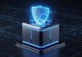 Futuristic neon shield icon on digital platform representing cybersecurity and data protection Royalty Free Stock Photo