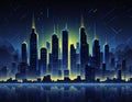 Futuristic neon skyline at night with meteor shower reflections Royalty Free Stock Photo