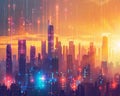 Futuristic Neon Skyline at Sunset with Abstract Digital Overlay Royalty Free Stock Photo